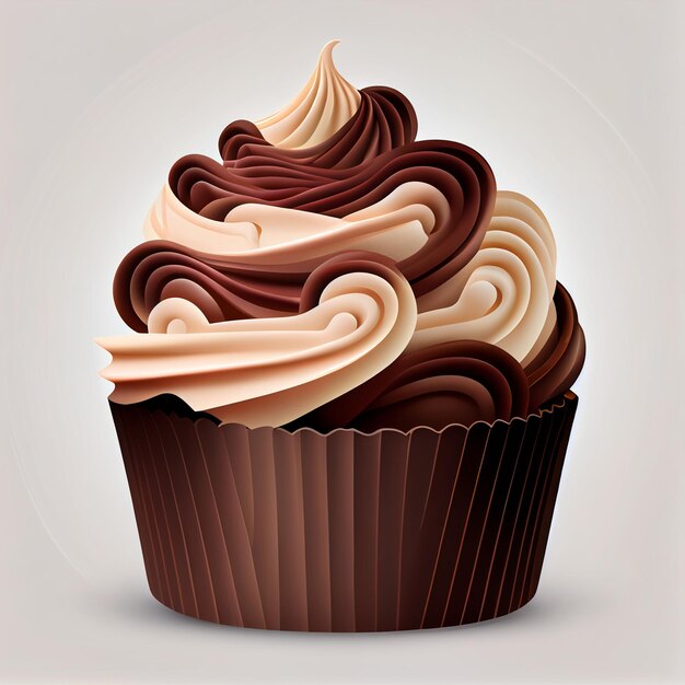 Cupcake mit Schokoladenglasur auf weißem Hintergrund, generative KI