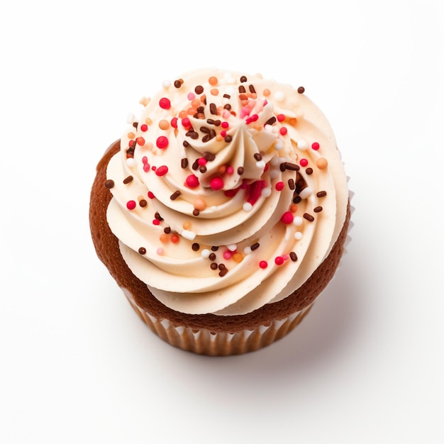 Cupcake mit Sprinkles von oben auf einem isolierten weißen Hintergrund