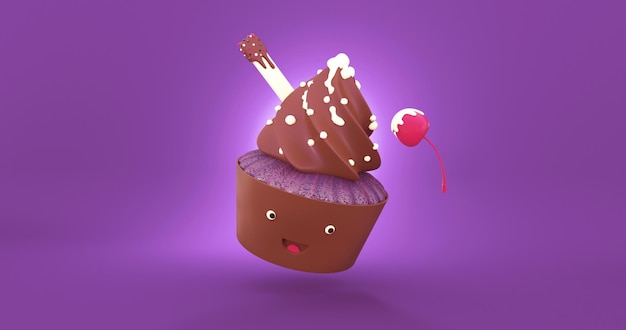 cupcake roxo com sorvete e cereja na ilustração de renderização 3d superior