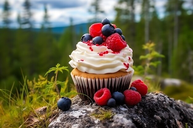 Cupcake saboroso com frutas da floresta e creme