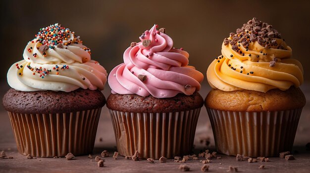 Cupcake-Trio konzentriert sich auf die Details von Glasur und Toppings KI generiert Illustration