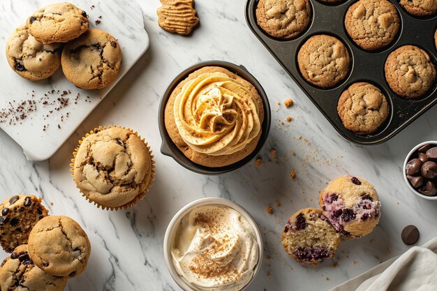 Foto cupcake umgeben von kekse in einer kleinen servierungspfanne auf marmoroberfläche