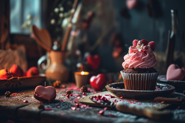 Cupcake und Süßigkeiten zum Valentinstag mit rotem und rosa Herz