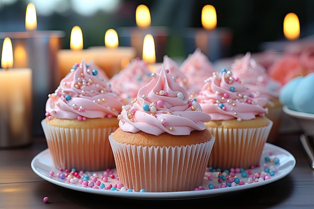 Cupcake de vainilla con cobertura rosa y velas de toalla a cuadros brillantes generativa IA