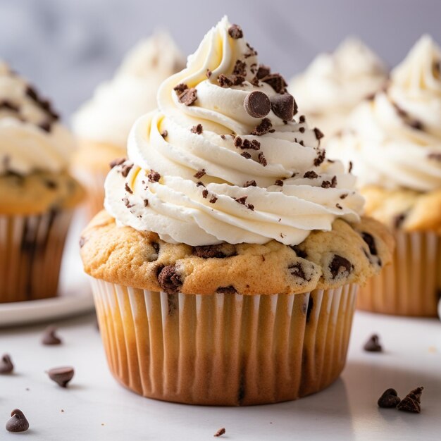 Cupcake de vainilla con grandes trozos de galletas de chocolate en la parte superior