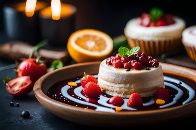 Un cupcake con una vela de fondo