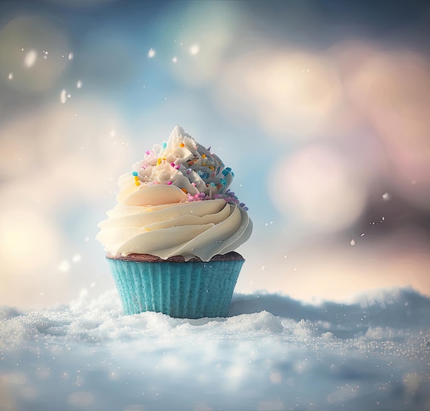 Cupcake-Winterhintergrund mit schneegenerativer KI