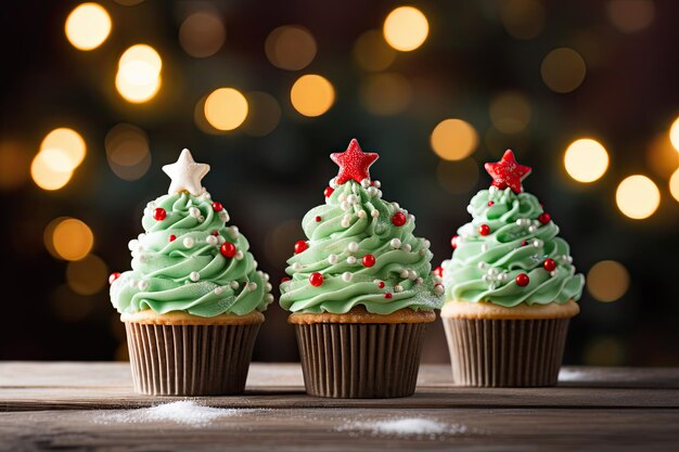 Cupcakes de árbol de Navidad en mesa de madera