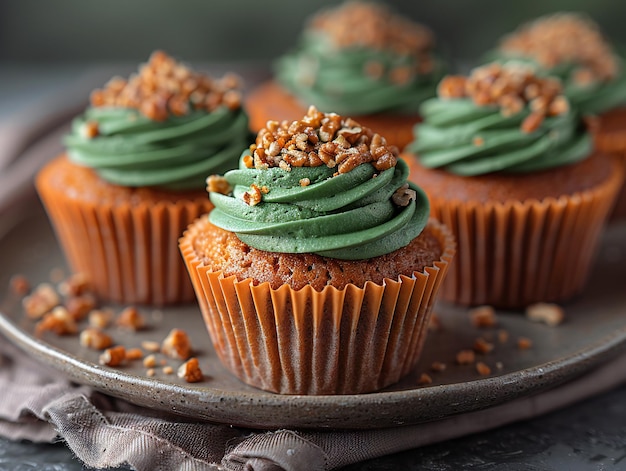 Cupcakes artesanais com coberturas de nozes verdes vibrantes apresentação elegante