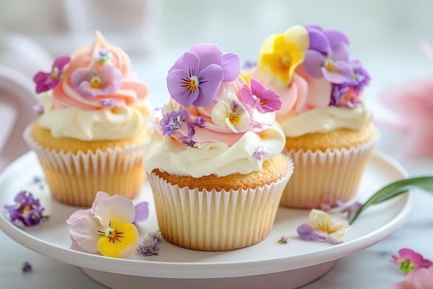 Cupcakes Artesanales Decorados con Flores Comestibles sobre Fondo Floral