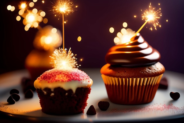 Cupcakes con bengalas sobre un fondo morado