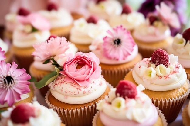 Cupcakes bolos scones e muffins e decoração de férias ao ar livre no jardim de estilo country inglês sobremesas doces para aniversário de casamento ou celebração de festa generativa ai