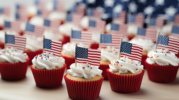 Cupcakes bonitos com mini bandeira dos Estados Unidos