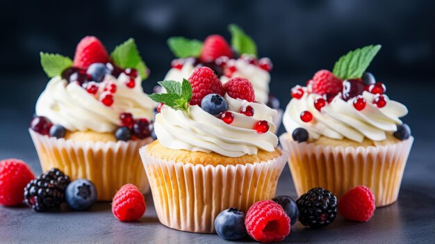 Cupcakes caseiros fofos com decoração de bagas frescas