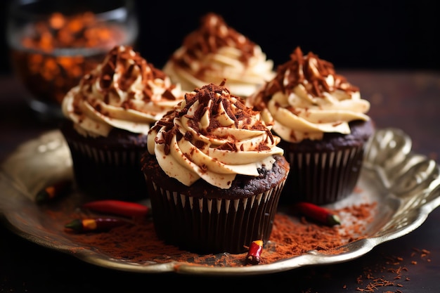 Cupcakes de chocolate Cinco de Chili con crema de chile Postre mexicano