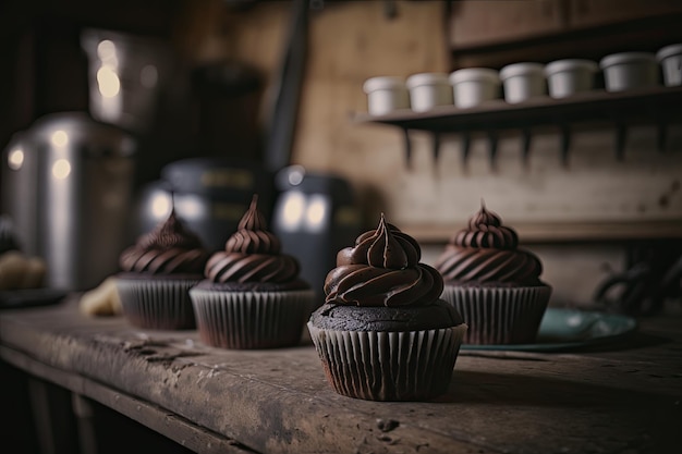 Cupcakes de chocolate en una cocina rústica