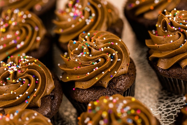 Cupcakes de chocolate fresco en la bandeja.
