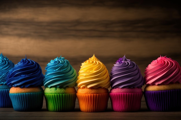 Cupcakes coloridos do arco-íris dispostos em uma fileira