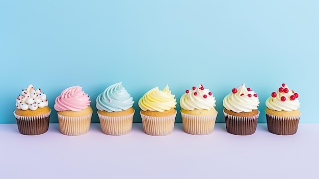 Foto cupcakes coloridos e saborosos em fila para variedade isolados em fundo azul
