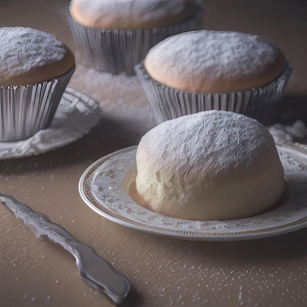 Cupcakes com açúcar de confeiteiro e um deles com uma faca sobre a mesa.