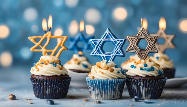 cupcakes com as estrelas e as palavras menorah