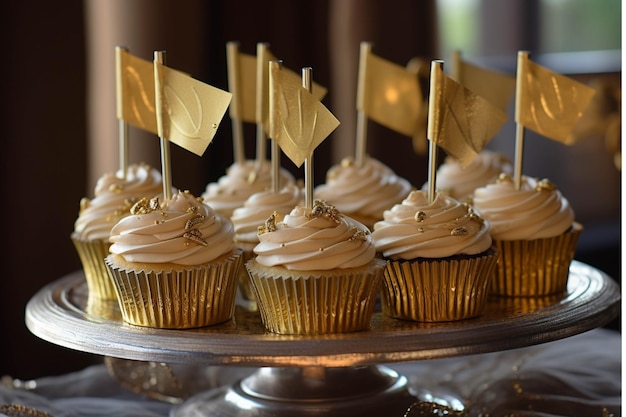 Cupcakes com bandeiras de papel dourado em um suporte de bolo de prata