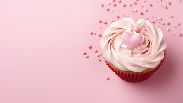 Cupcakes com cobertura de creme de manteiga rosa vistos de cima contra um fundo rosa espaço de cópia IA geradora