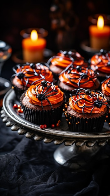 cupcakes com cobertura de laranja e cobertura de chocolate em uma bandeja