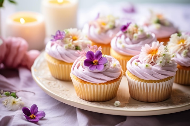 Cupcakes com cobertura de lavanda adornados com amores-perfeitos comestíveis frescos