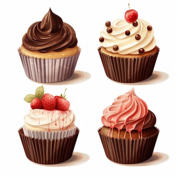 Cupcakes com creme de cereja e ilustração vetorial de chocolate