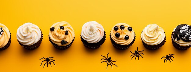 Cupcakes com creme em fundo amarelo vista superior