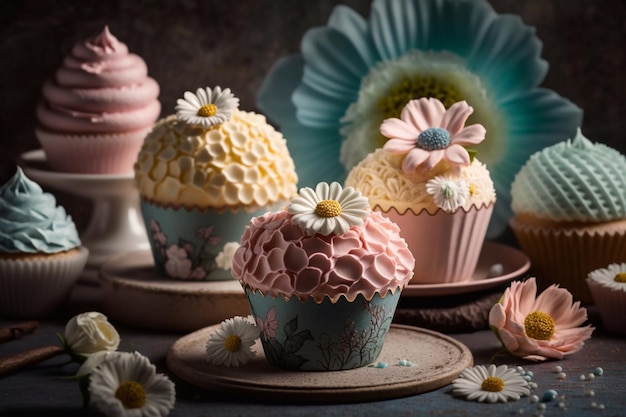 Cupcakes com decoração floral em tons pastéis