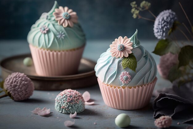 Cupcakes com decoração floral em tons pastéis