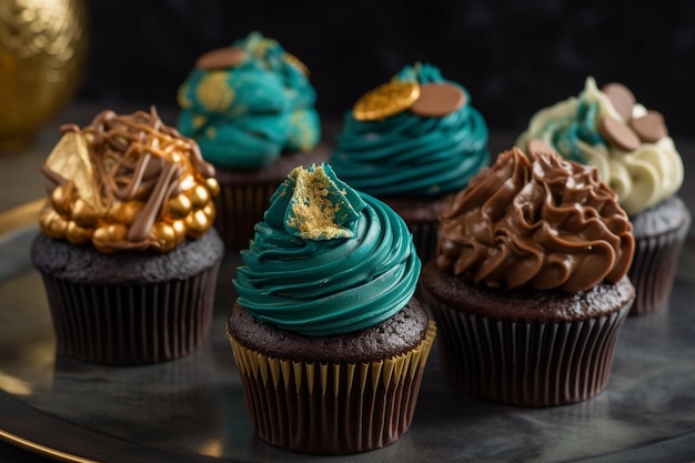 Cupcakes com glacê verde e decorações douradas sobre uma mesa