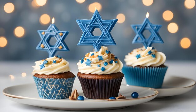 cupcakes com glasura azul e estrela em forma de estrela-do-mar estão em um prato