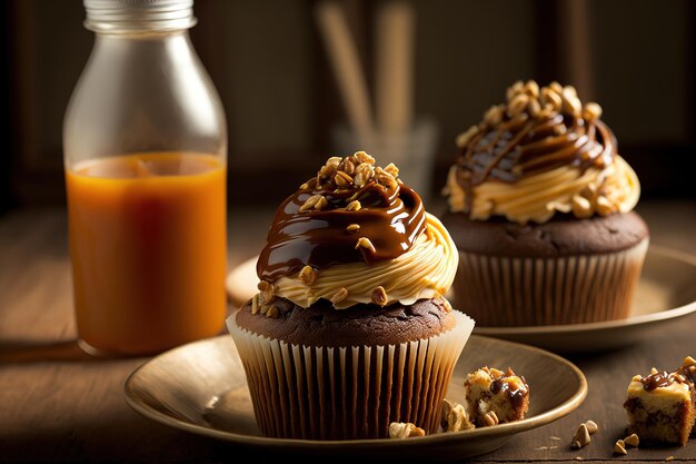 Cupcakes com nozes de caramelo de chocolate e calda de caramelo