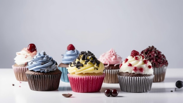 Cupcakes com sabores diferentes estão sobre uma mesa.