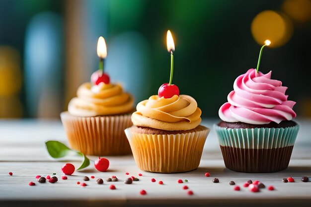 Cupcakes com velas acesas sobre uma mesa com uma vela no meio.