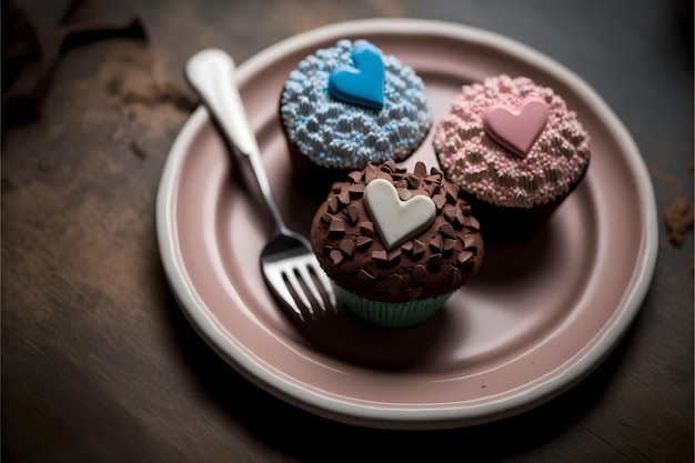 Cupcakes de concepto de forma de amor servidos en el plato