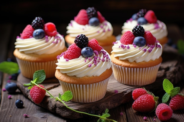 Cupcakes con crema de mantequilla decorados con frambuesas arándanos fresas