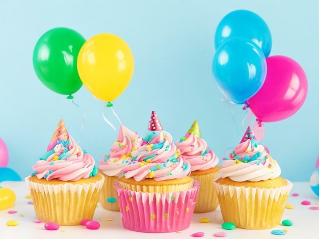 cupcakes de cumpleaños con fondo de globos de colores