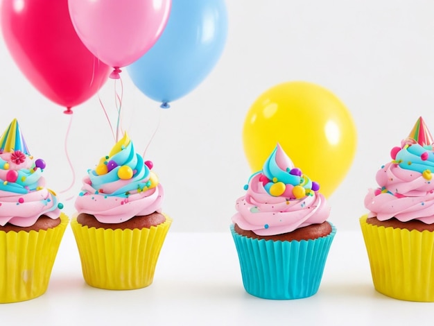 cupcakes de cumpleaños con fondo de globos de colores