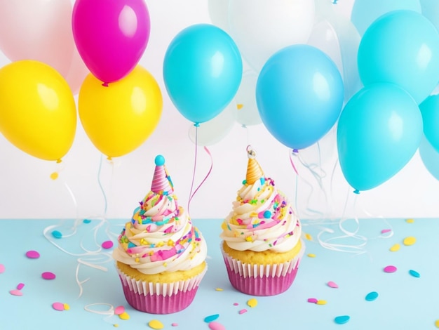 cupcakes de cumpleaños con fondo de globos de colores