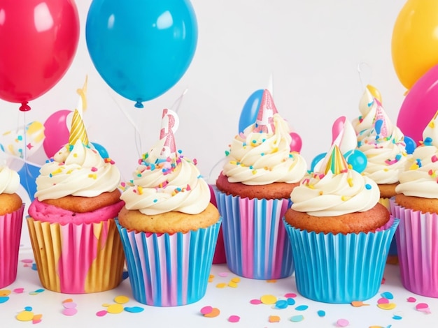 cupcakes de cumpleaños con fondo de globos de colores