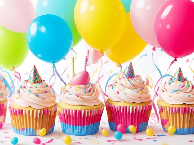 cupcakes de cumpleaños con fondo de globos de colores