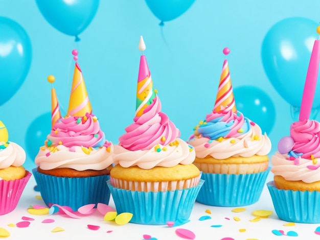 cupcakes de cumpleaños con fondo de globos de colores