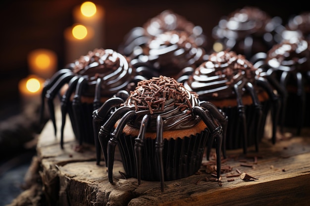 Cupcakes de aranha de chocolate doces para festa de Halloween comida festiva de férias