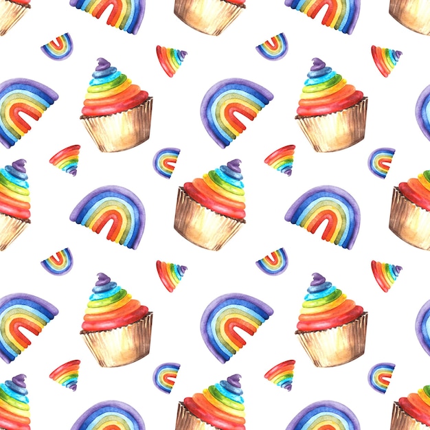 Cupcakes de arco-íris com gelo de creme multicolorido padrão sem costura ilustração de aquarela desenhada à mão