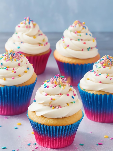 Foto cupcakes de baunilha com salpicaduras multicoloridas em uma mesa de vidro com brilho