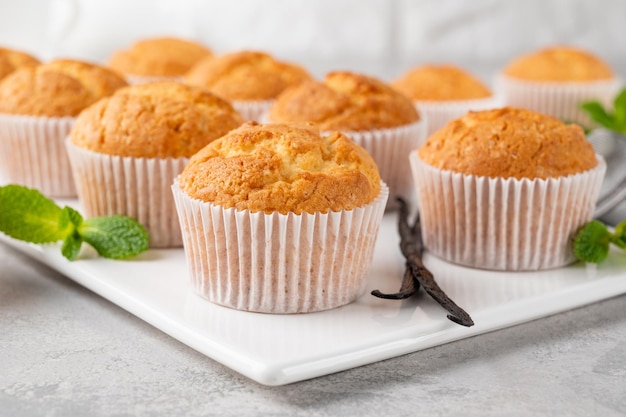 Cupcakes de baunilha recém-assados com espaço de cópia de foco seletivo de hortelã